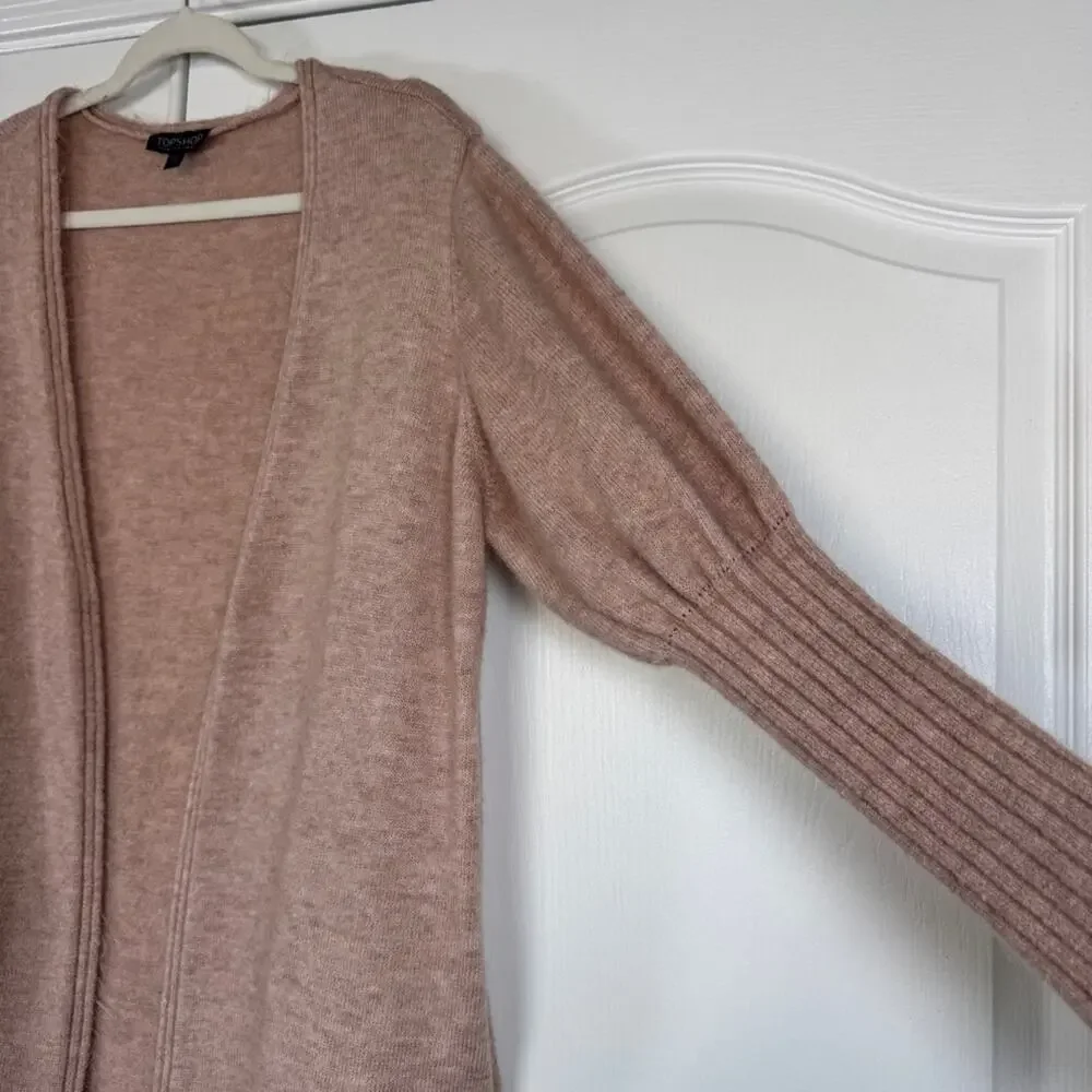 Blush Pink Longline Open Front Cardigan Ribbed Knit Size 10